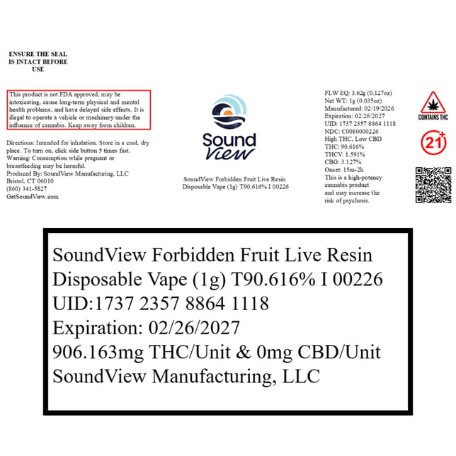SoundView - Forbidden Fruit (I) Live Resin Disposable Vape (1g) C0080000226 - Image 2
