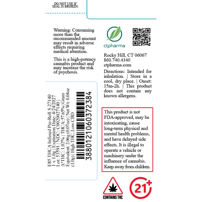 CTPharma - E85 (S) THCA Infused Pre-Roll 1pk (1g) C0020027140 - Image 2 CTPharma - E85 (S) THCA Infused Pre-Roll 1pk (1g) C0020027140 - Image 2