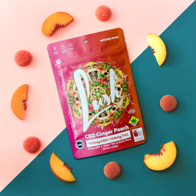 Gummies Lush Ginger Peach 1:1 (DOHC) Edibles 10pk - 100mg CBD | 100mg THC - Image 3 Gummies Lush Ginger Peach 1:1 (DOHC) Edibles 10pk - 100mg CBD | 100mg THC - Image 3