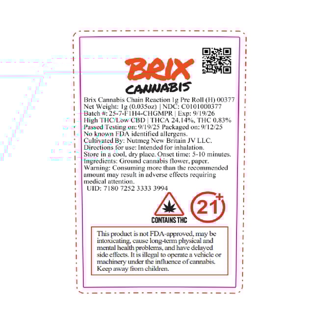 BRIX Cannabis - Chain Reaction (H) 1g Pre-Roll 1pk (1g) C0101000377 - Image 2