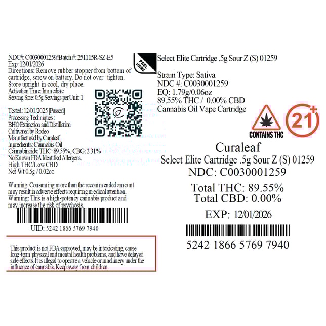 Select Sour Z (S) Elite Vape Cartridge C0030001259 - Image 3 Select Sour Z (S) Elite Vape Cartridge C0030001259 - Image 3