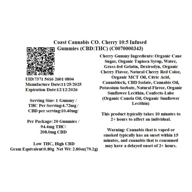 Coast Cannabis Co. - Cherry (I) Gummies (4.72mg THC 10.4mg CBD 20pk) C0070000343 - Image 2