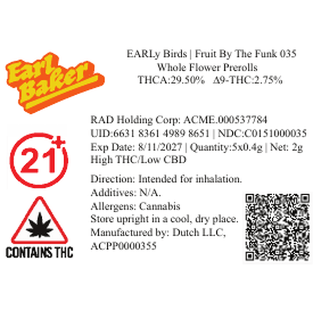 EARLy Birds - Fruit By The Funk (H) 0.4g Pre-Rolls 5pk (0.4g) C0151000035 - Image 2