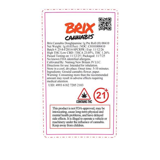 BRIX Cannabis - Doughpamine (H) 1g Pre-Roll 1pk (1g) C0101000410 - Image 2