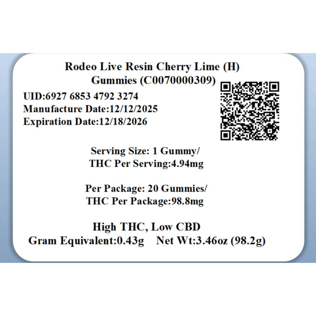 Rodeo Cannabis - Cherry Lime (H) Live Resin Gummies (4.94mg 20pk) C0070000309 - Image 2