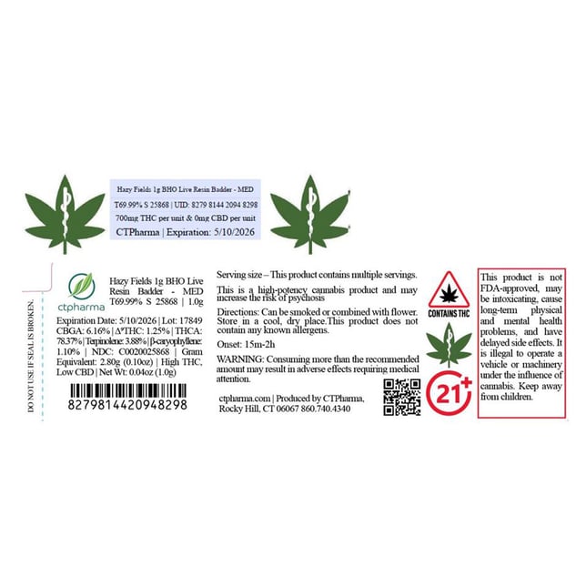 CTPharma  Hazy Fields (S) BHO Live Resin Badder  C0020025868 - Image 2