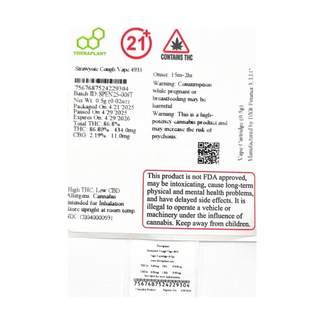 Theraplant  Strawyote Cough (S) Vape Cartridge  C0040000931 - Image 2