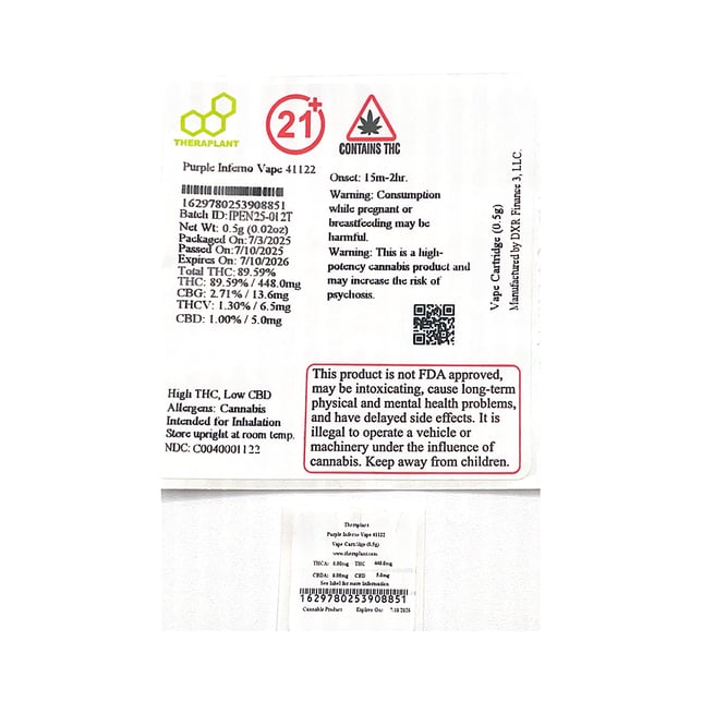 Theraplant  Purple Inferno (I) Vape Cartridge  C0040001122 - Image 2