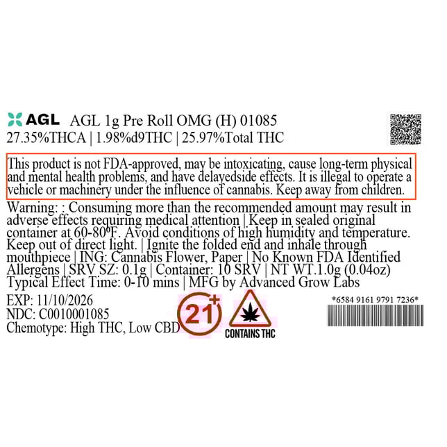 AGL - OMG (H) 1g Pre-Roll 1pk (1g) C0010001085 - Image 3 AGL - OMG (H) 1g Pre-Roll 1pk (1g) C0010001085 - Image 3
