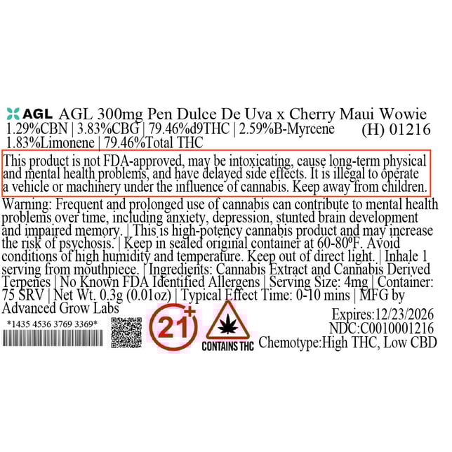 AGL - Dulce De Uva x Cherry Maui Wowie (H) Disposable Vape (0.3g) C0010001216 - Image 3