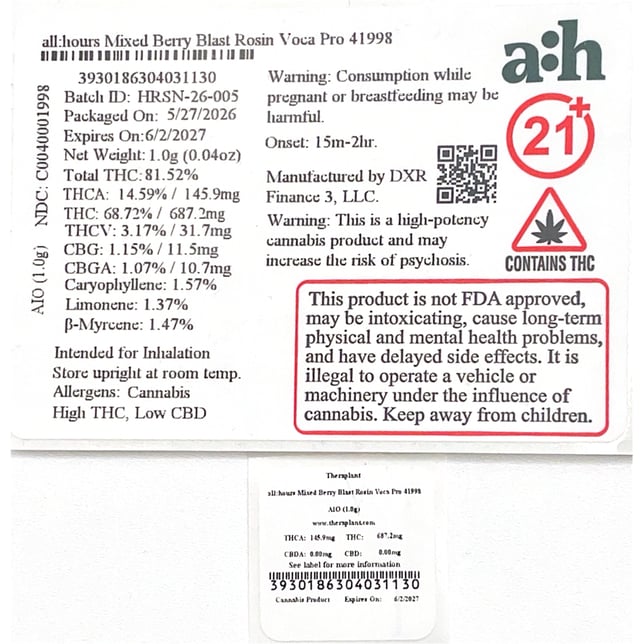 all:hours - Mixed Berry Blast (I) Live Rosin Voca Pro Disposable Vape (1g) C0040001998 - Image 2 all:hours - Mixed Berry Blast (I) Live Rosin Voca Pro Disposable Vape (1g) C0040001998 - Image 2