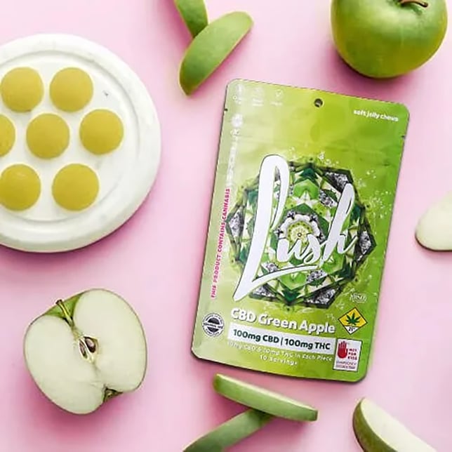 Gummies Lush Green Apple 1:1 (DOHC) Edibles - 10pk 100mg CBD | 100mg THC - Image 2 Gummies Lush Green Apple 1:1 (DOHC) Edibles - 10pk 100mg CBD | 100mg THC - Image 2