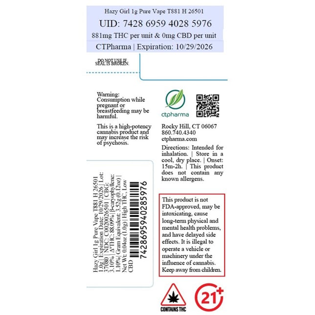 CTPharma Hazy Girl (H) Vape Cartridge C0020026501 - Image 2 CTPharma Hazy Girl (H) Vape Cartridge C0020026501 - Image 2