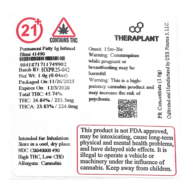 Theraplant - Permanent Patty (H) Infused Blunt 1pk (1g) C0040001490 - Image 2