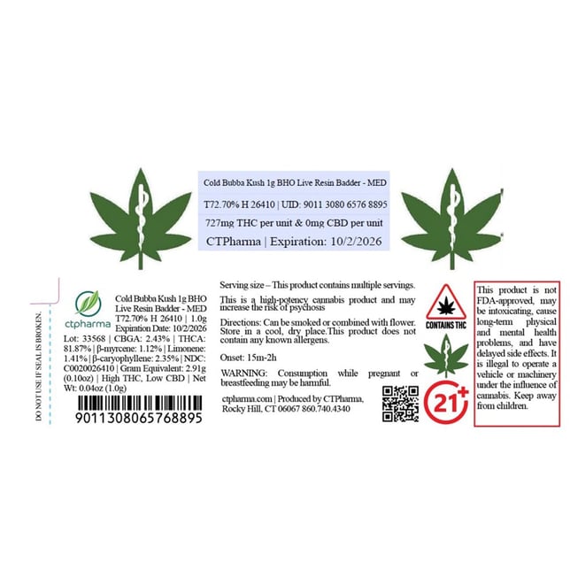 CTPharma  Cold Bubba Kush (H) BHO Live Resin Badder  C0020026410 - Image 2