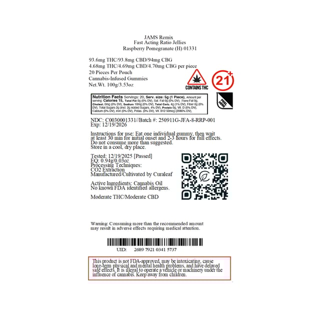 JAMS - Raspberry Pomegranate (H) Remix Fast Acting Ratio Jellies (4.68mg THC 4.69mg CBD 4.70mg CBG 20pk) C0030001331 - Image 2