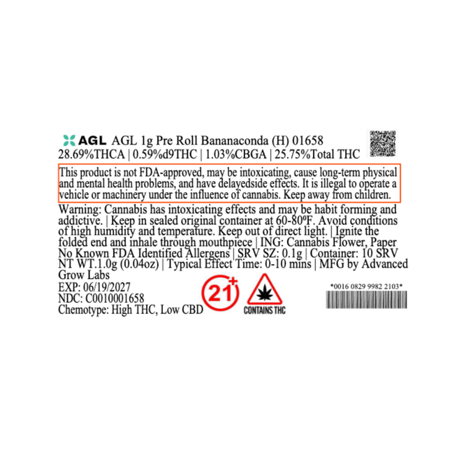 AGL - Bananaconda (H) 1g Pre-Roll 1pk (1g) C0010001658 - Image 3