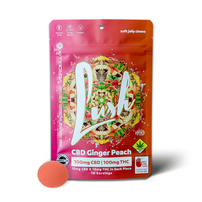 Gummies Lush Ginger Peach 1:1 (DOHC) Edibles 10pk - 100mg CBD | 100mg THC - Image 1 Gummies Lush Ginger Peach 1:1 (DOHC) Edibles 10pk - 100mg CBD | 100mg THC - Image 1