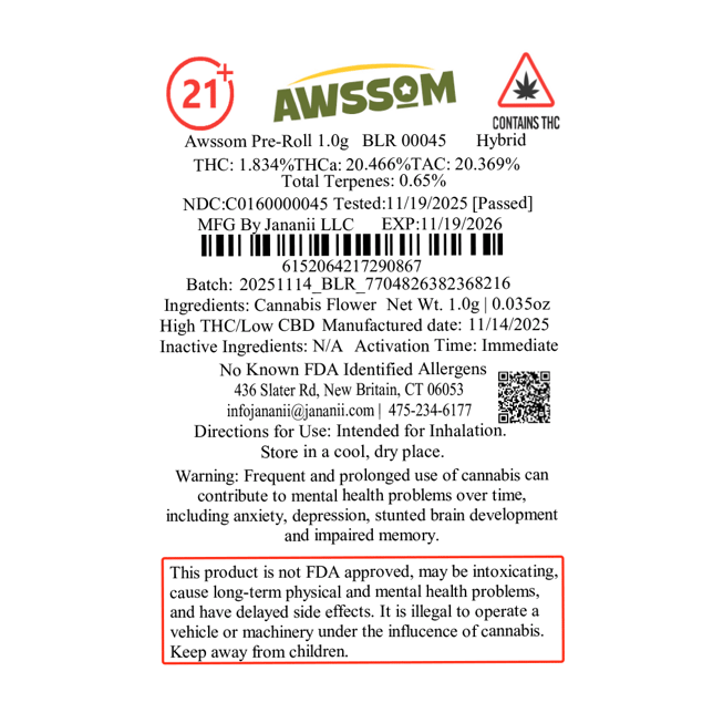 Awssom - BLR (H) 1g Pre-Roll 1pk (1g) C0160000045 - Image 2