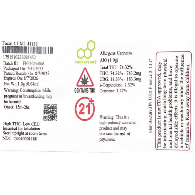 Theraplant - Focus 4:1 Mini Tank Disposable (1g) C0040001188 - Image 2 Theraplant - Focus 4:1 Mini Tank Disposable (1g) C0040001188 - Image 2
