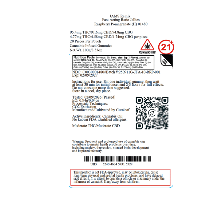 JAMS - Raspberry Pomegranate (H) Remix Fast Acting Ratio Jellies (4.77mg THC 4.58mg CBD 4.74mg CBG 20pk) C0030001480 - Image 3
