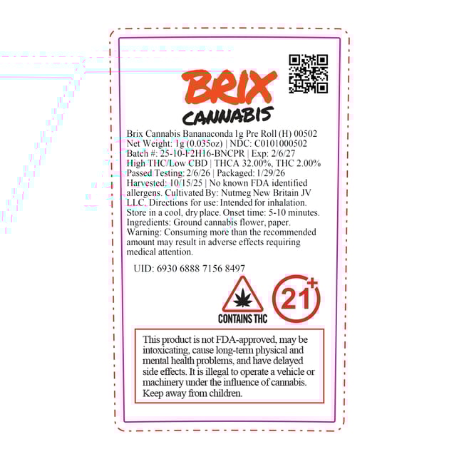 BRIX Cannabis - Bananaconda (H) 1g Pre-Roll 1pk (1g) C0101000502 - Image 2