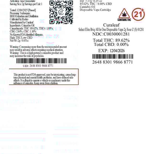 Select - Sour Z (S) BRIQ Disposable Vape (2g) C0030001281 - Image 2