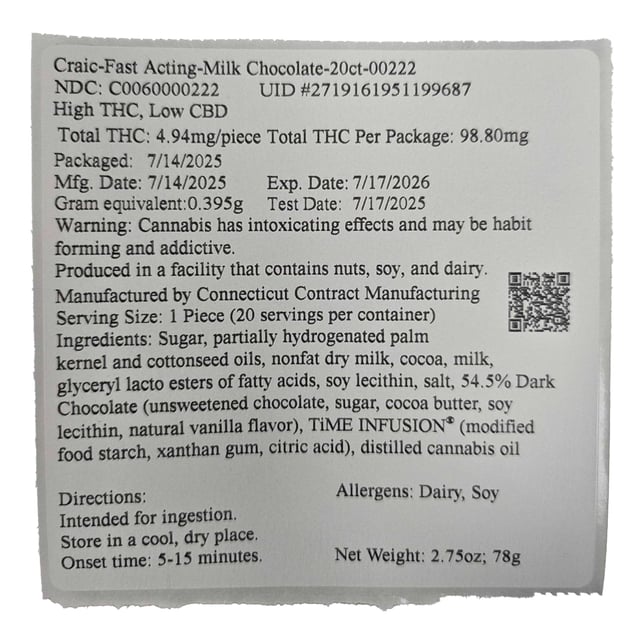 Craic - Milk (H) Fast Acting Chocolate (4.94mg 20pk) C0060000222 - Image 2
