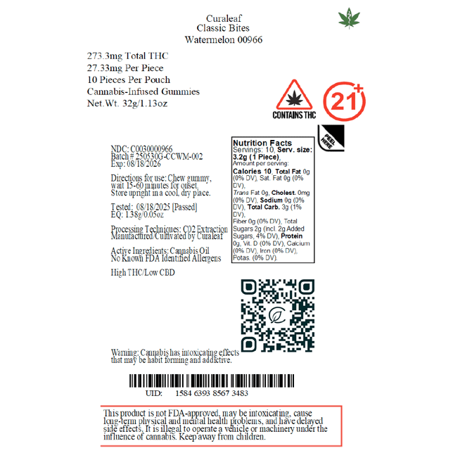 Curaleaf - Watermelon (H) Classic Bites (27.33mg 10pk) C0030000966 - Image 2