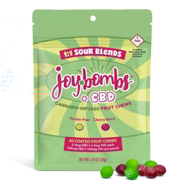 Joy Bombs + CBD 1:1 Sour Blends - 100mg THC (40pk / 2.5mg THC & 2.5mg CBD ea) - Image 2 Joy Bombs + CBD 1:1 Sour Blends - 100mg THC (40pk / 2.5mg THC & 2.5mg CBD ea) - Image 2