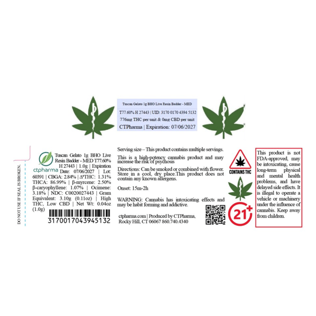 CTPharma Tuscan Gelato (H) BHO Live Resin Badder C0020027443 - Image 2
