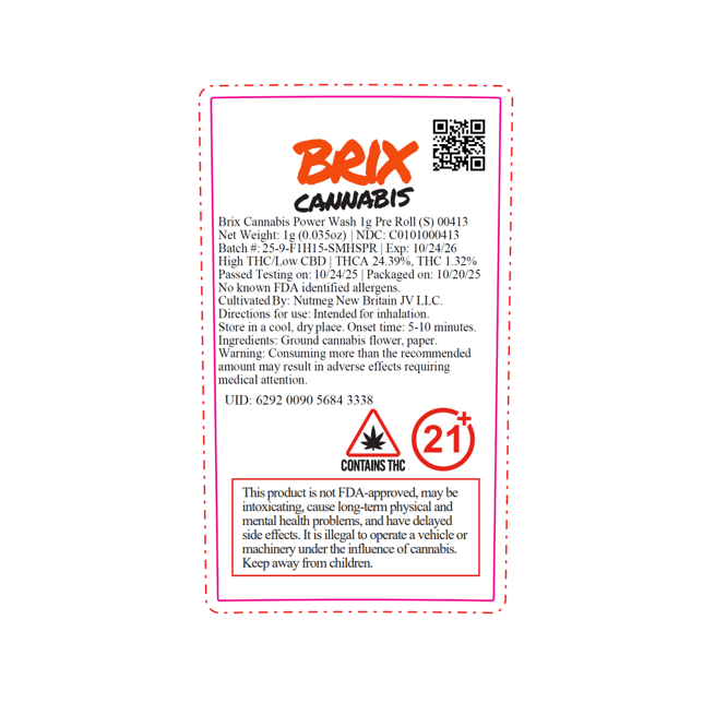 BRIX Cannabis - Power Wash (S) 1g Pre-Roll 1pk (1g) C0101000413 - Image 2