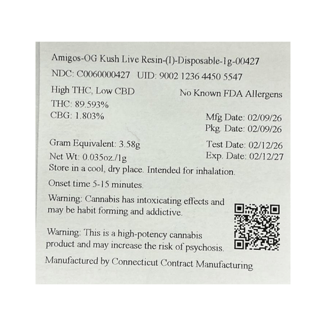 Amigos - OG Kush (I) Live Resin Disposable Vape (1g) C0060000427 - Image 5