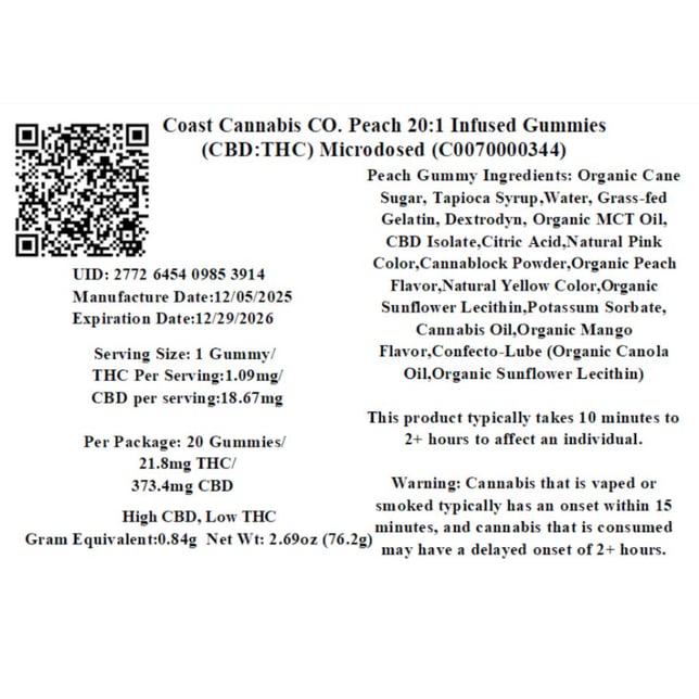 Coast Cannabis Co. - Peach (I) Gummies (1.09mg THC 18.67mg CBD 20pk) C0070000344 - Image 2
