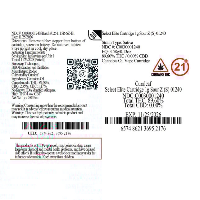 Select Sour Z (S) Elite Vape Cartridge C0030001240 - Image 3 Select Sour Z (S) Elite Vape Cartridge C0030001240 - Image 3