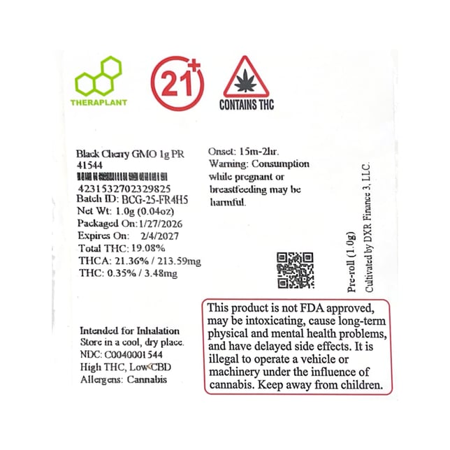 Theraplant - Black Cherry GMO (H) 1g Pre-Roll 1pk (1g) C0040001544 - Image 2