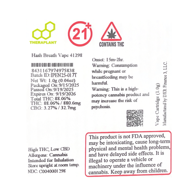 Theraplant  Hash Breath (I) Vape Cartridge  C0040001298 - Image 2