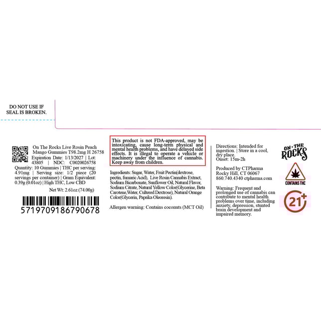 On The Rocks - Peach Mango (H) Live Rosin Gummies (9.82mg 10pk) C0020026758 - Image 2