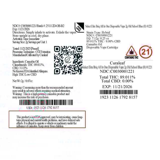 Select - Old School Blue (H) BRIQ Disposable Vape (2g) C0030001221 - Image 2