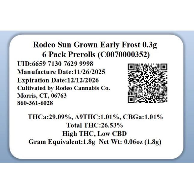 Rodeo Cannabis - Early Frost (I) 0.3g Pre-Rolls 6pk (1.8g) C0070000352 *NP - Image 2