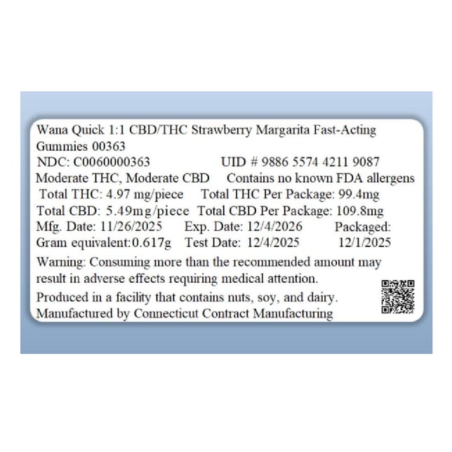 Wana Quick - Strawberry Margarita (H) Fast Acting Gummies (4.96mg THC 5.49mg CBD 20pk) C0060000363 - Image 2