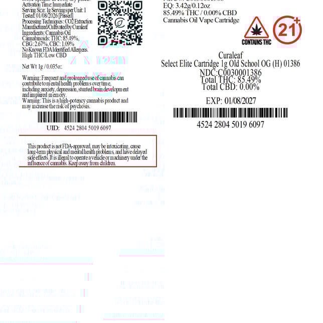 Select  Old School OG (H) Elite Vape Cartridge  C0030001386 - Image 3
