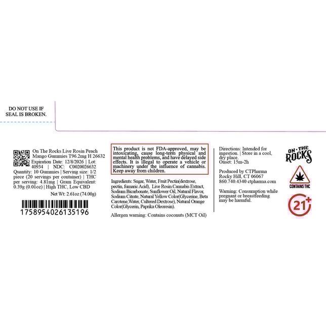 On The Rocks - Peach Mango (H) Live Rosin Gummies (9.62mg 10pk) C0020026632 - Image 2