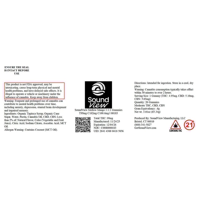 SoundView - Mellow Mango (I) Gummies (4.95mg THC 5.10mg CBD 5.03mg CBN 20pk) C0080000183 - Image 2 SoundView - Mellow Mango (I) Gummies (4.95mg THC 5.10mg CBD 5.03mg CBN 20pk) C0080000183 - Image 2