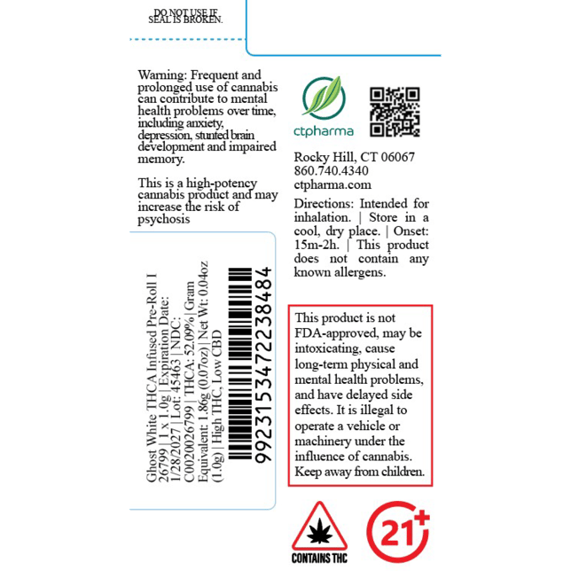 CTPharma - Ghost White (I) THCA Infused Pre-Roll 1pk (1g) C0020026799 - Image 2