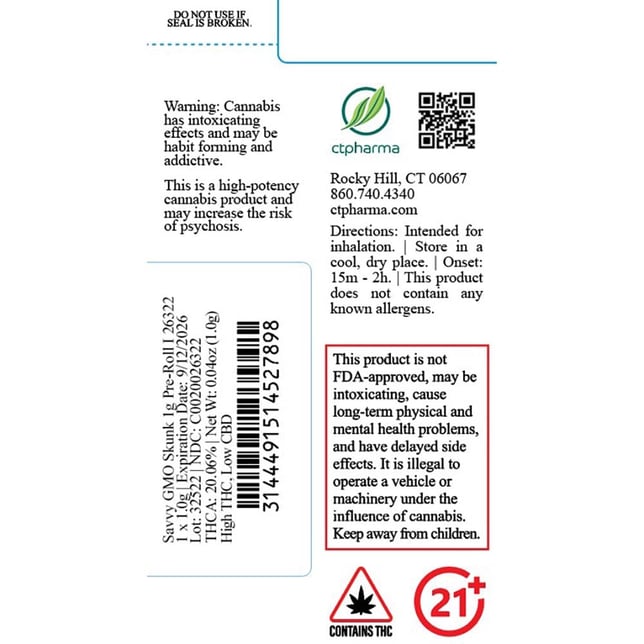 Savvy - GMO Skunk (I) 1g Pre-Roll 1pk (1g) C0020026322 - Image 4 Savvy - GMO Skunk (I) 1g Pre-Roll 1pk (1g) C0020026322 - Image 4
