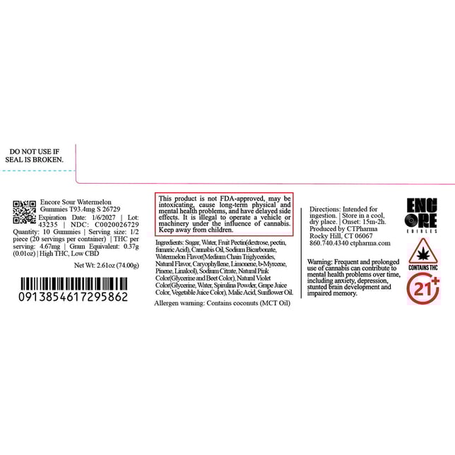 Encore - Sour Watermelon (S) Gummies (9.34mg 10pk) C0020026729 - Image 2