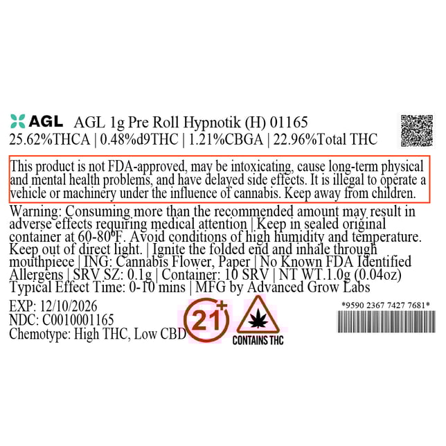 AGL - Hypnotik (H) 1g Pre-Roll 1pk (1g) C0010001165 - Image 3