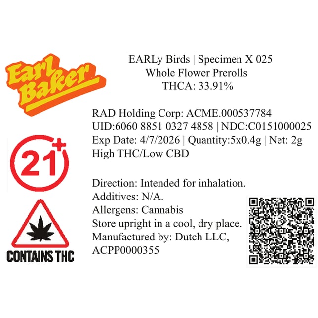 EARLy Birds - Specimen X (H) 0.4g Pre-Rolls 5pk (2g) C0151000025 - Image 3 EARLy Birds - Specimen X (H) 0.4g Pre-Rolls 5pk (2g) C0151000025 - Image 3