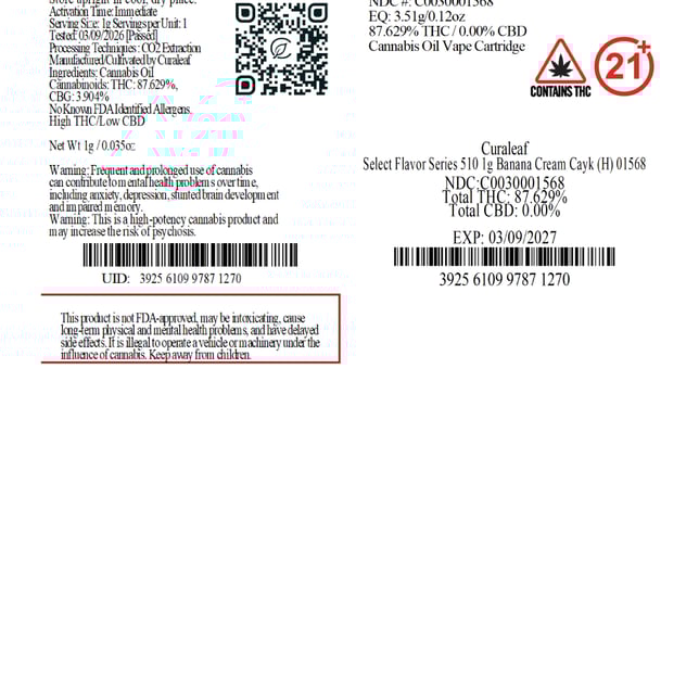 Select  Banana Cream Cayk (H) Flavor Series Vape Cartridge  C0030001568 - Image 3